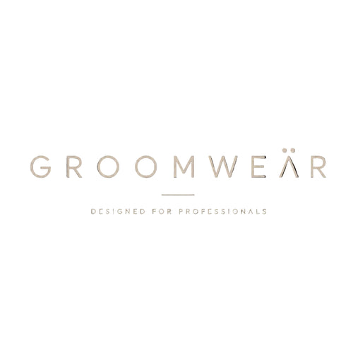 Groomwear logo in a light beige serif typeface on a solid black background, with the tagline 'DESIGNED FOR PROFESSIONALS' underneath.
